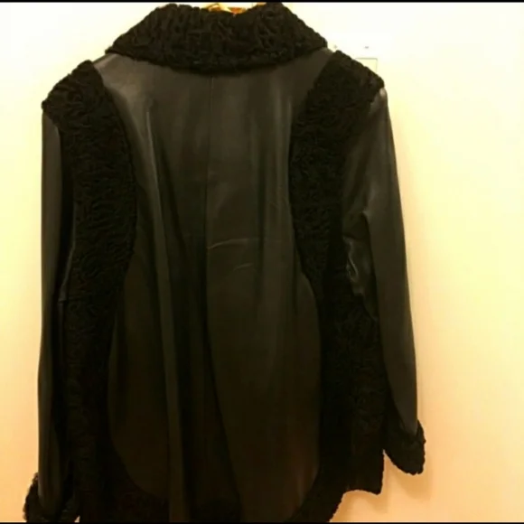 Black lamb fur trim lambskin leather coat L - Picture 2 of 12